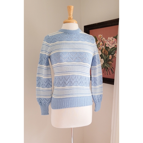 70s Pointelle Long Sleeve Cutwork 1970s Vintage Blue Striped Vintage Sweater - Picture 13 of 16